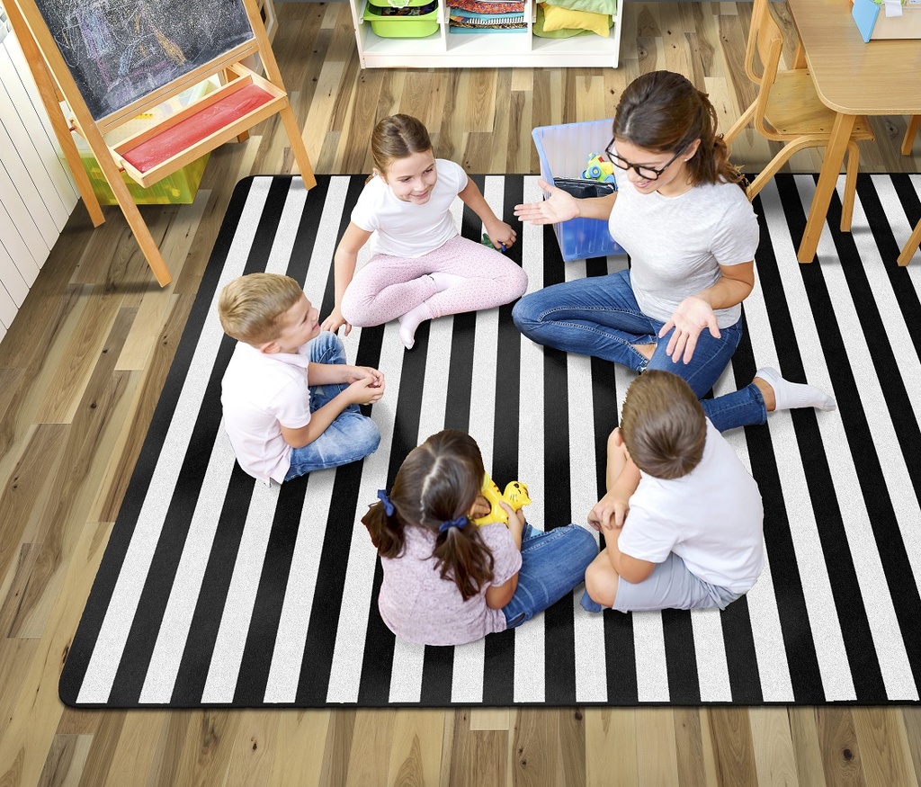 Schoolgirl Style Simply Stylish Black & White Stripe 7'6" X 12' Rectangle Carpet 