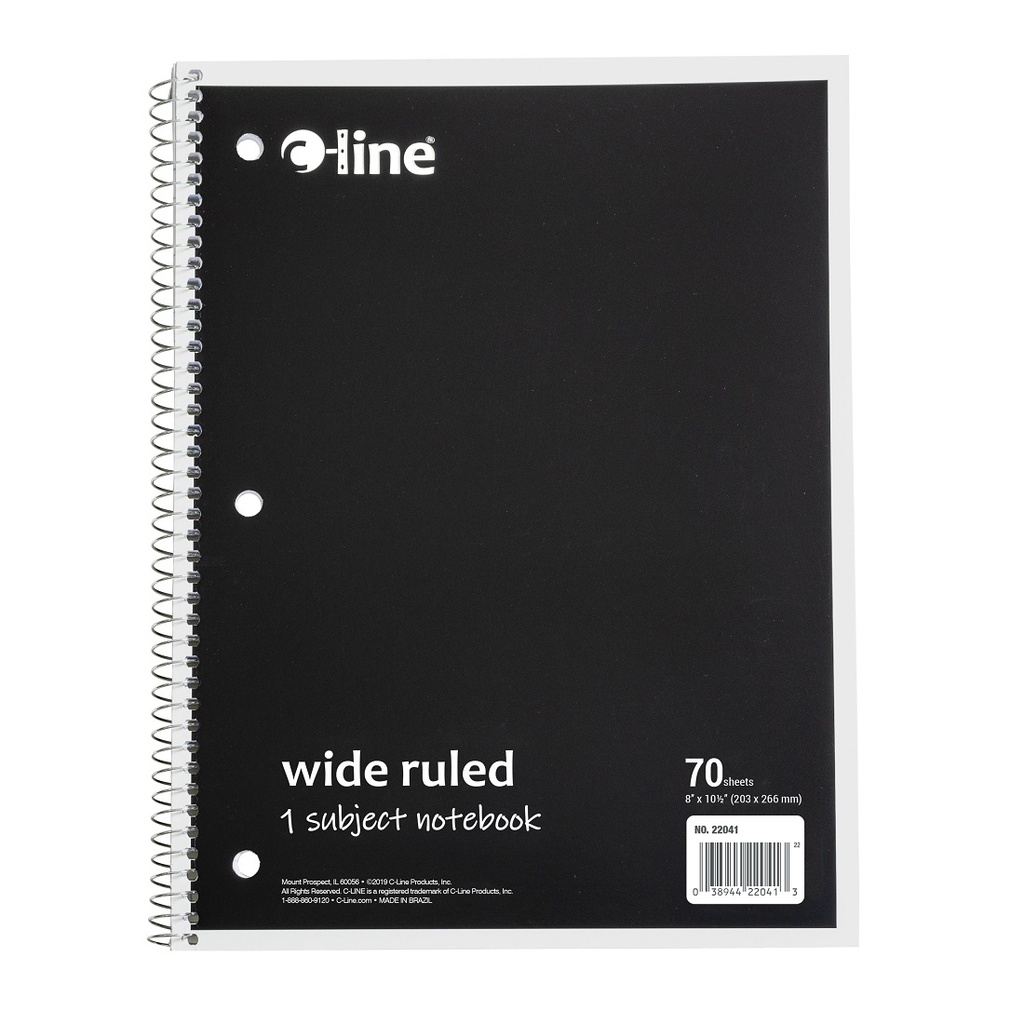 Black One Subject 70 Sheet Spiral Notebook