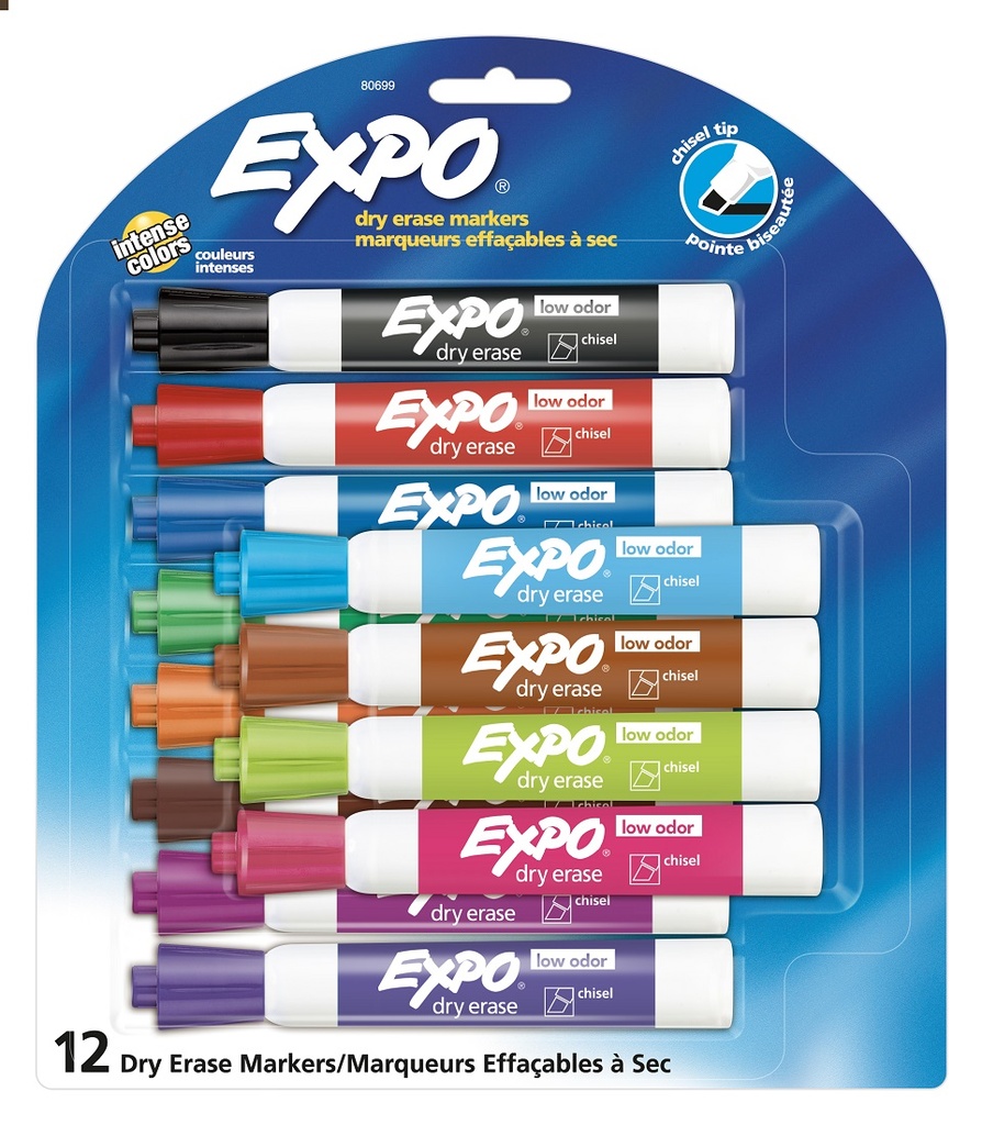 12 Color Chisel Tip Expo Low Odor Dry Erase Markers