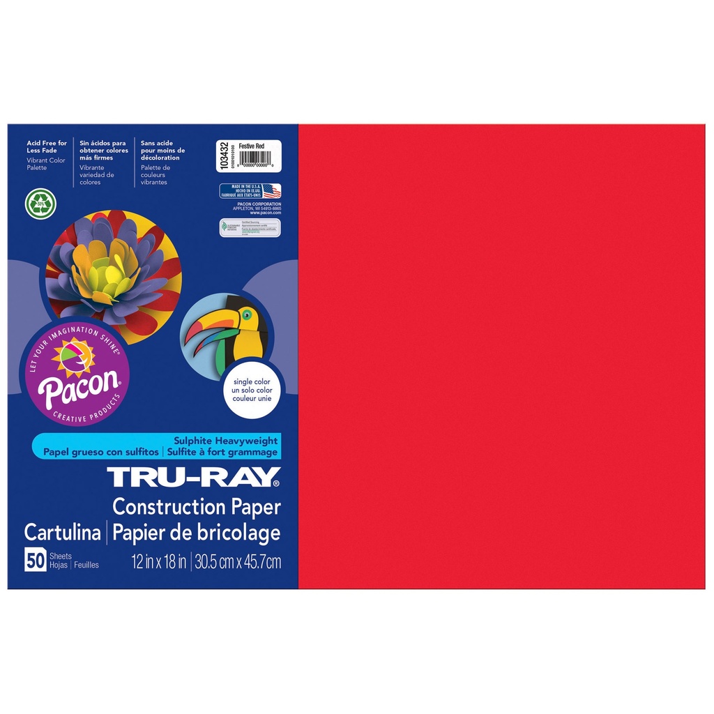 12x18 Festive Red Tru-Ray Construction Paper 50ct Pack