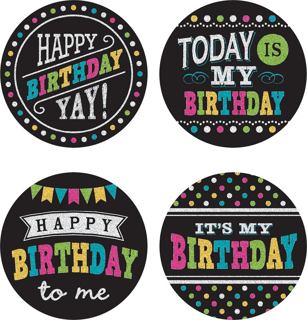 32ct Chalkboard Brights Happy Birthday Wear 'Em Badges