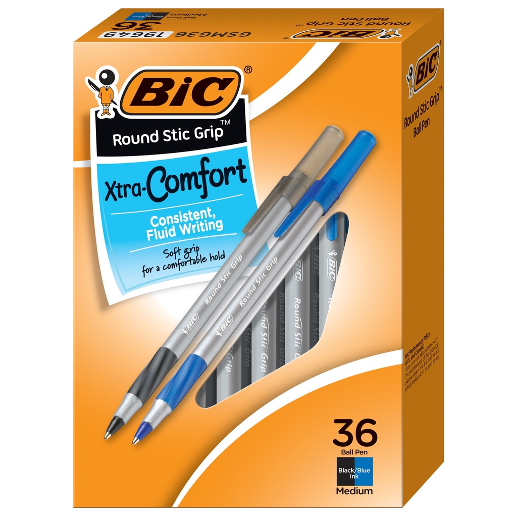 36ct Bic Round Stic Grip Ball Pen Assortment