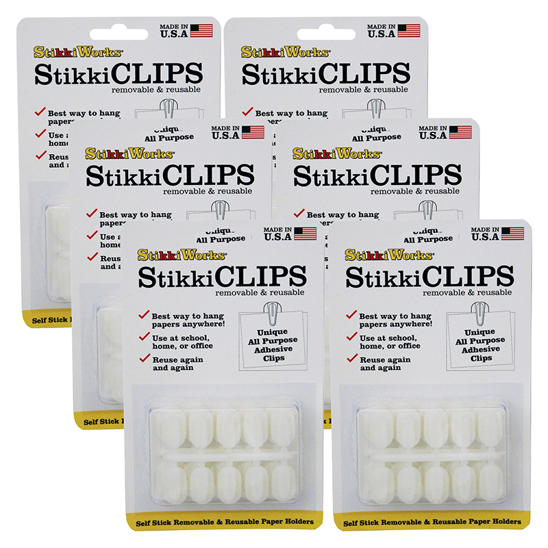 StikkiCLIPS™ Adhesive Clips, White, 20 Per Pack, 6 Packs