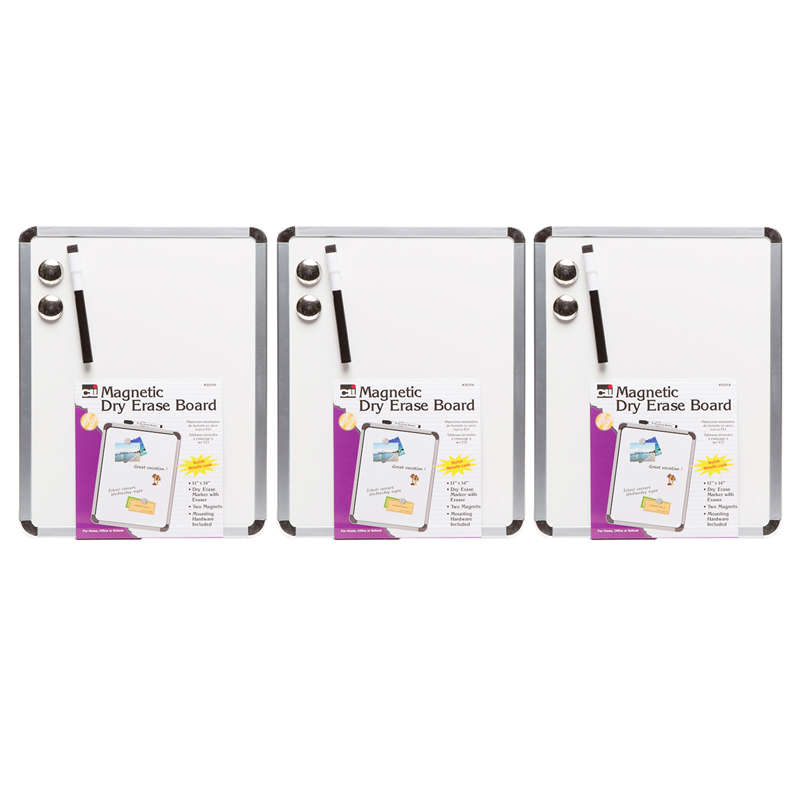 Framed Magnetic Dry Erase Board with Marker & Magnets, Silver Frame, 11" x 14", Pack of 3