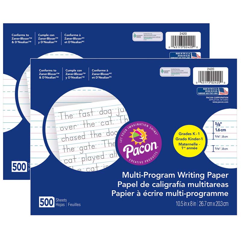 Multi-Program Handwriting Paper, 5/8" Ruled (Long Way), White, 10-1/2" x 8", 500 Sheets Per Pack, 2 Packs