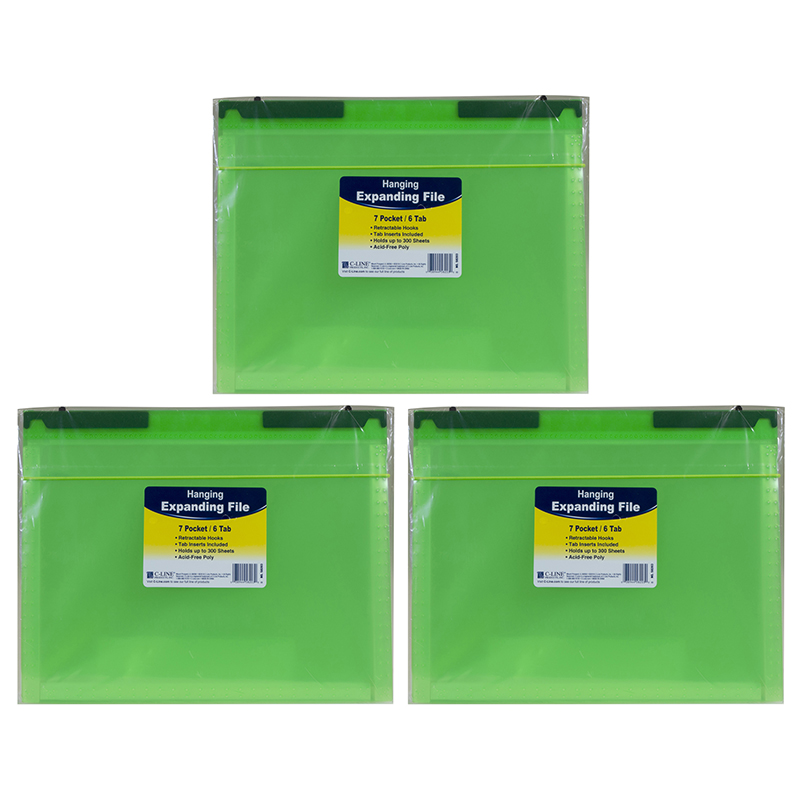 Expanding File Folder, 7-Pocket, Hanging Tabs, Bright Green, Pack of 3