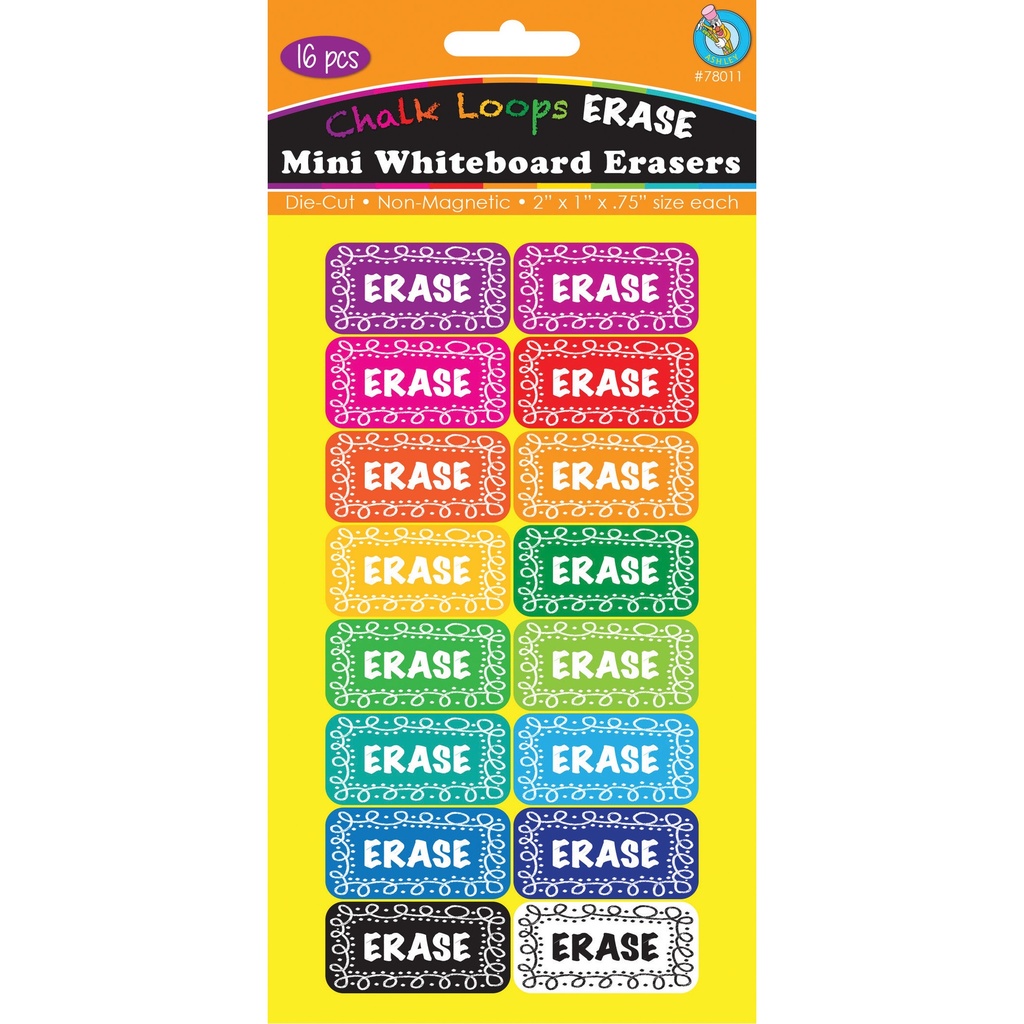 Non-Magnetic Mini Whiteboard Erasers, Chalk Loops, Pack of 16