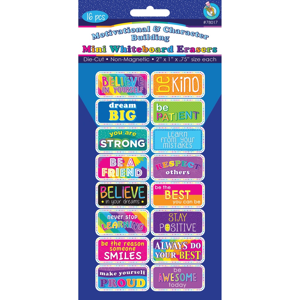 Non-Magnetic Mini Whiteboard Erasers, Motivational/Character Building, Pack of 16