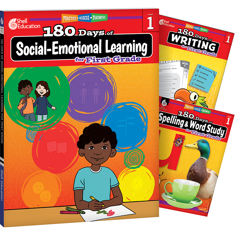 180 Days Social-Emotional Learning, Writing, & Spelling Grade 1: 3-Book Set