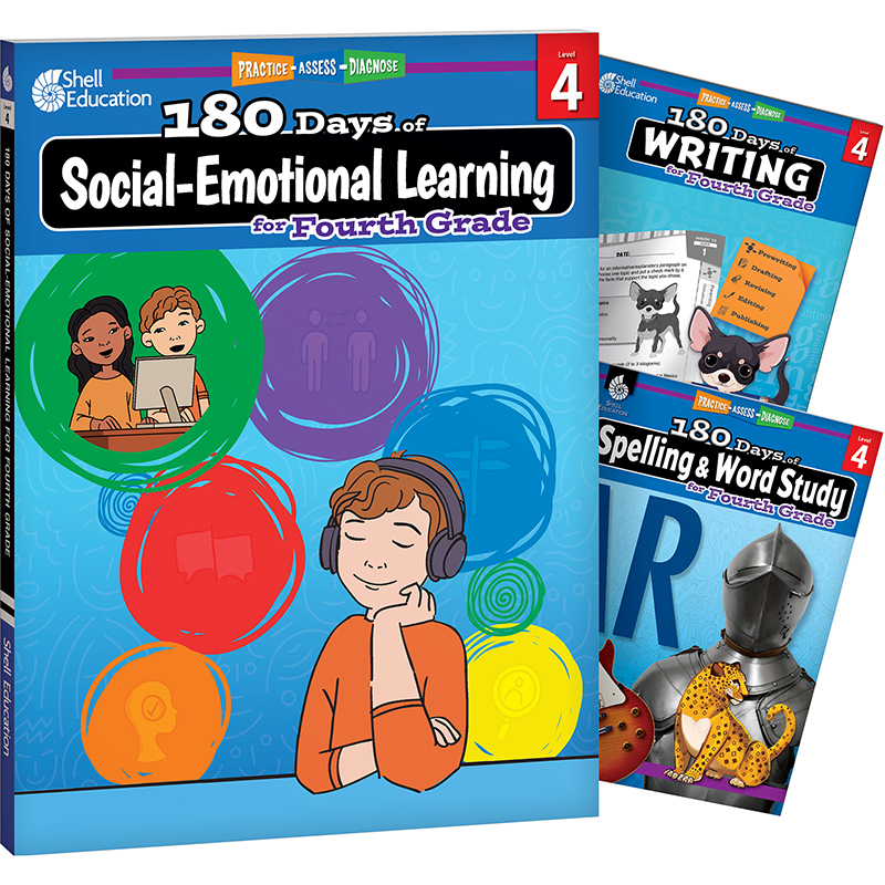 180 Days Social-Emotional Learning, Writing, & Spelling Grade 4: 3-Book Set