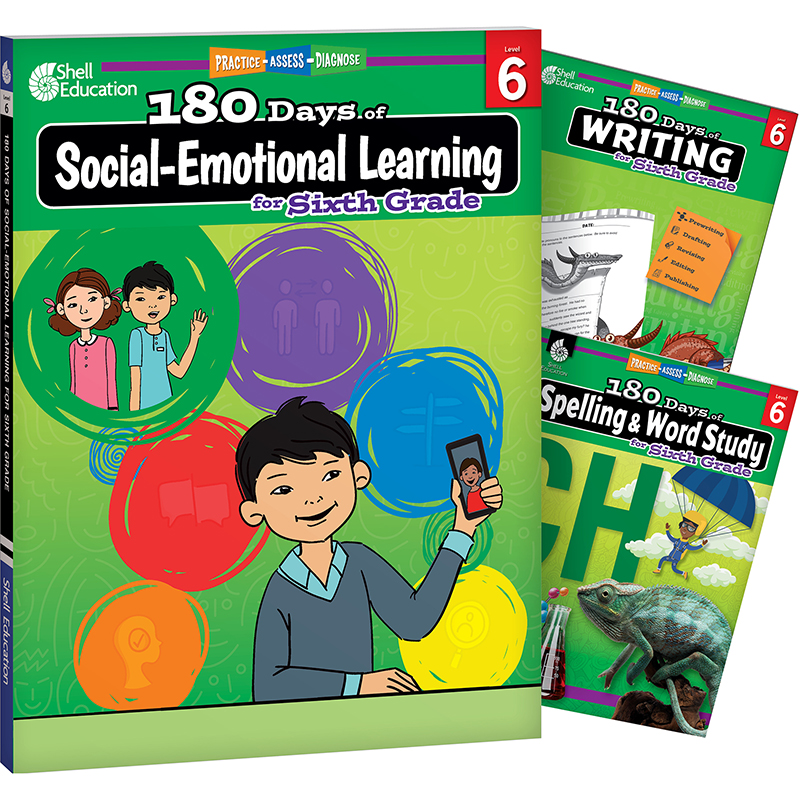 180 Days Social-Emotional Learning, Writing, & Spelling Grade 6: 3-Book Set