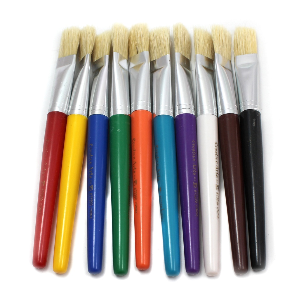 Stubby Flat Brushes, Natural Bristles, Assorted Colors, Set of 10