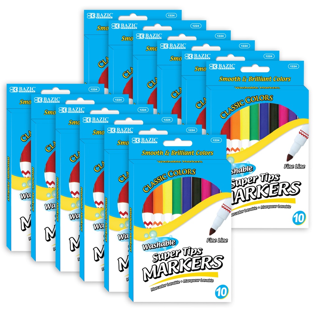 120 Super Tip Washable Markers in 10 Assorted Colors