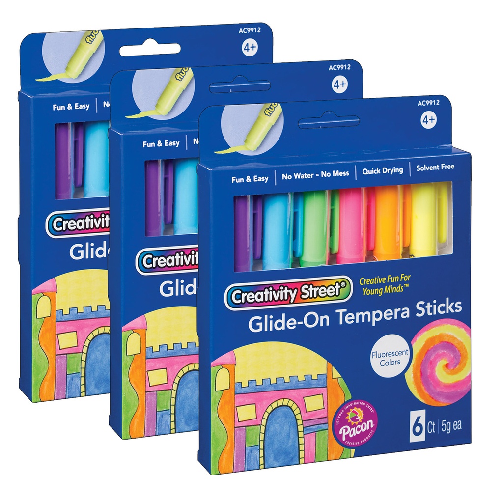 18 Fluorescent Glide-On Tempera Paint Sticks in 6 Colors