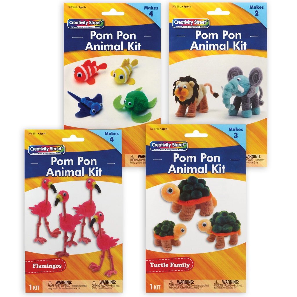 Pom Pon Animal Craft Kits: Ocean, Turtle, Flamingos, Lion & Elephant