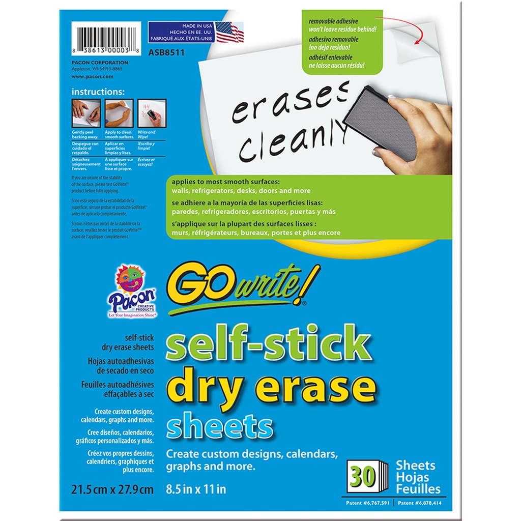 White 8.5" x 11" Self-Adhesive Dry Erase Sheets 30 Sheets