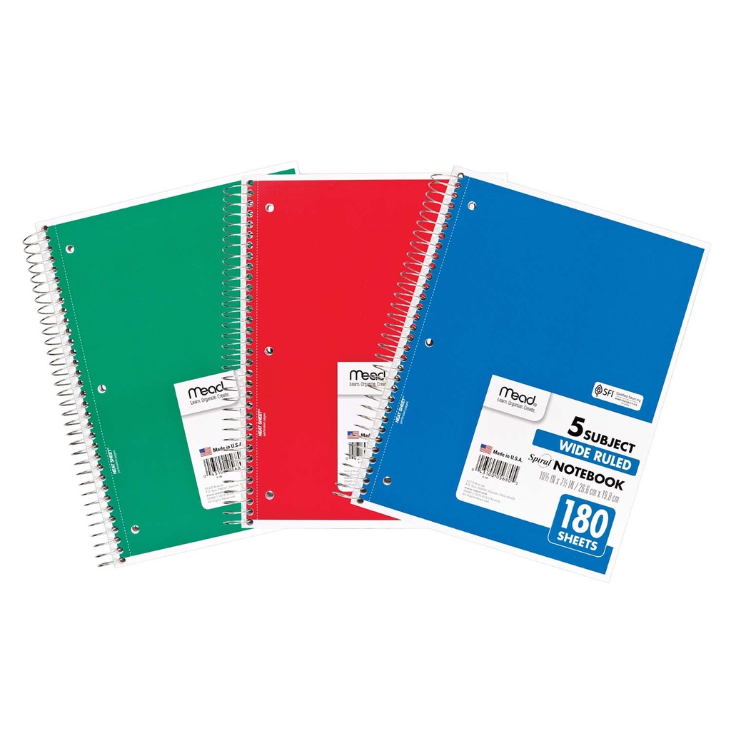 Spiral 5 Subject Wide Ruled Notebooks Pack of 3