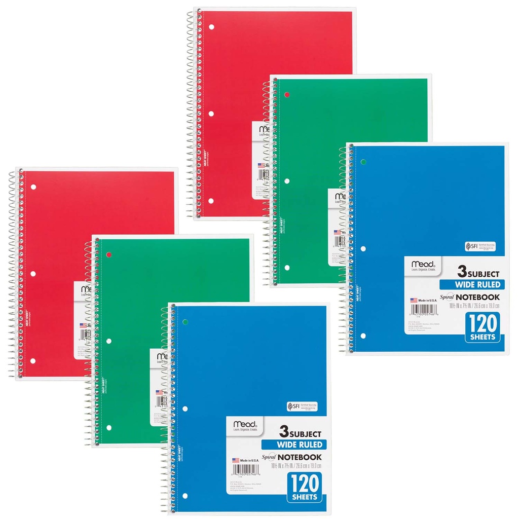 Spiral 3 Subject Wide Ruled Notebooks Pack of 6