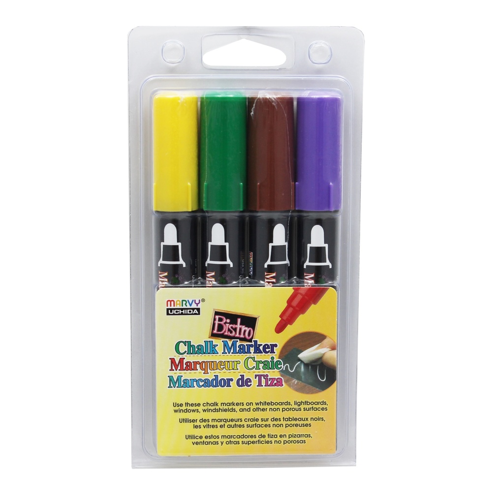 Bistro Broad Tip Chalk Markers Set 4D: Brown, Green, Yellow, Violet