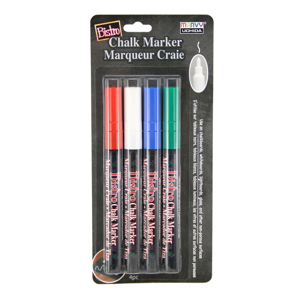 Bistro Fine Tip Chalk Markers 4-Color Set: Red, Green, Blue, White 