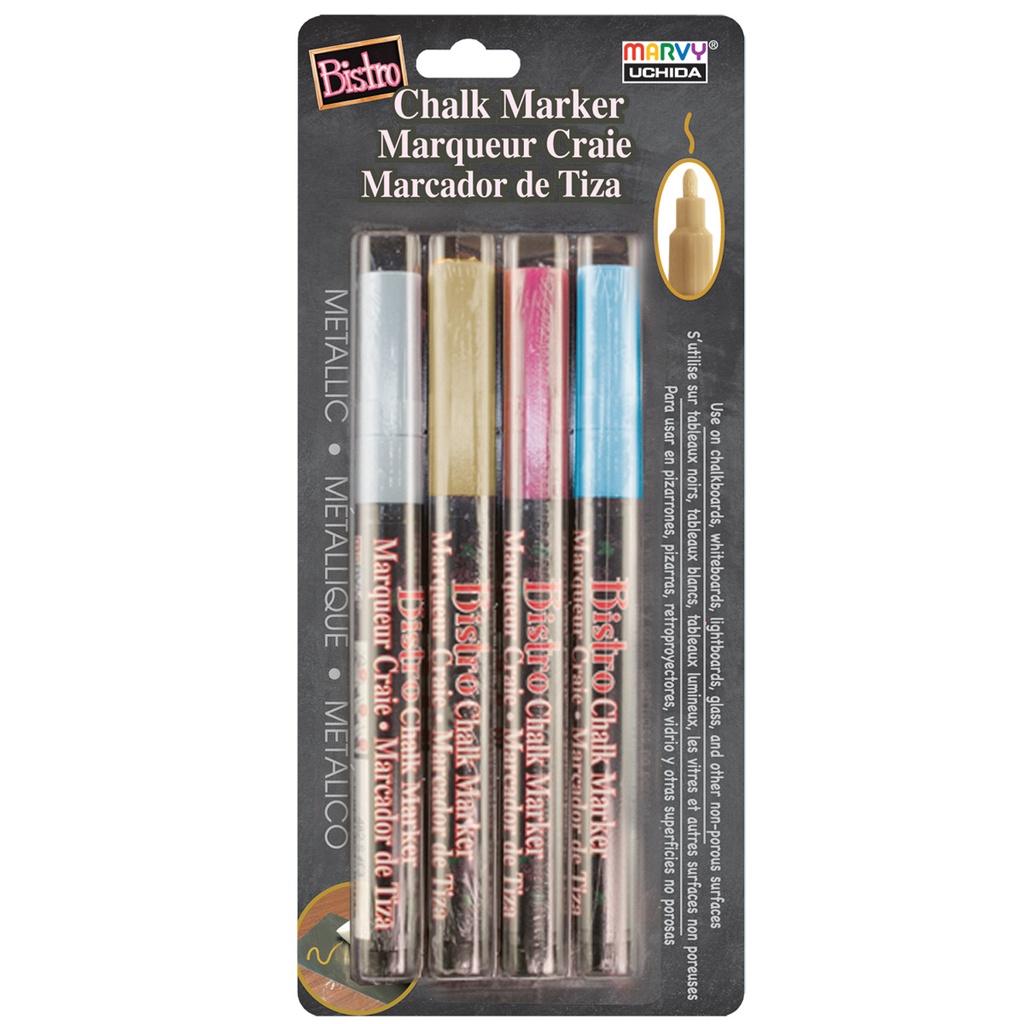 Bistro Broad Tip Chalk Markers Set 4M: Gold, Silver, Blue, Red