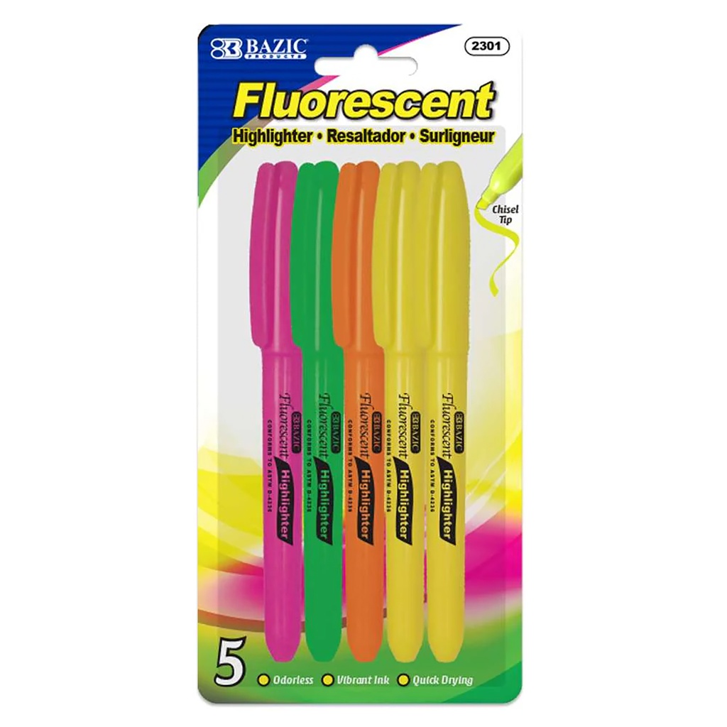 Pen Style Fluorescent Highlighters with Pocket Clip Pack of 5