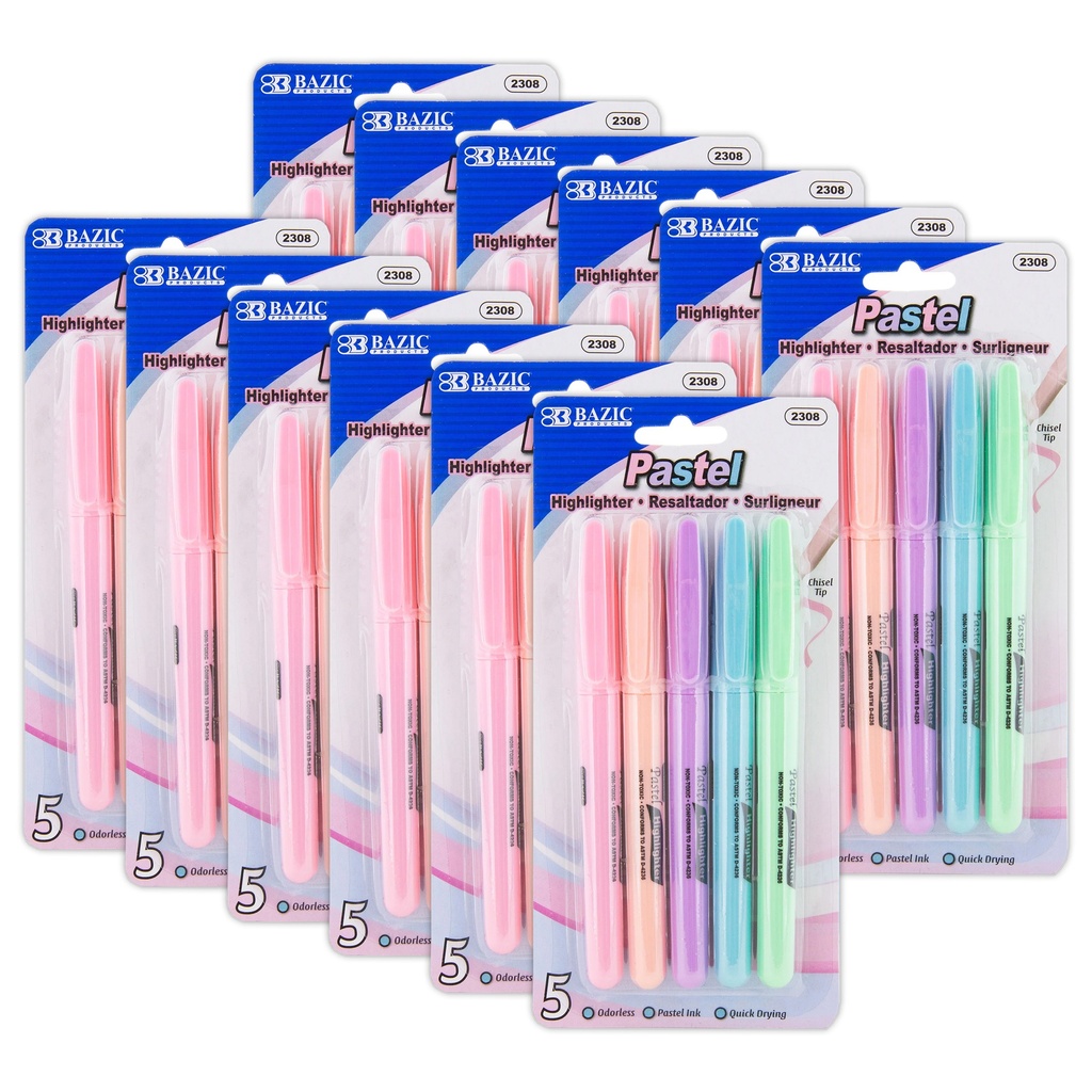 Pastel 5 Color Pen Style Highlighter with Pocket Clip 12 Packs