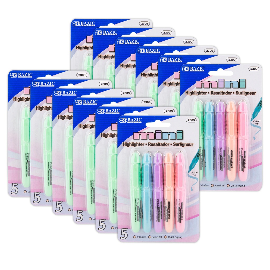 Pastel 5 Color Mini Highlighter with Cap Clip 12 Packs