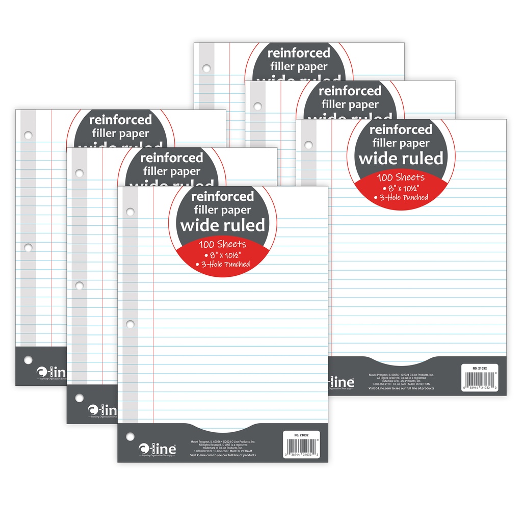 Reinforced 10.5" x 8" Wide Rule3-Hole Punched Filler Paper 100 Sheets 6 Packs