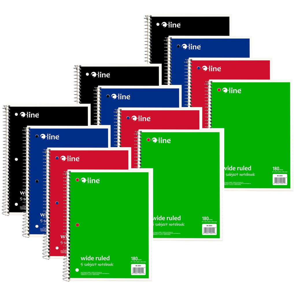 Assorted Wide Ruled 5-Subject Notebook 180 Sheets Pack of 3