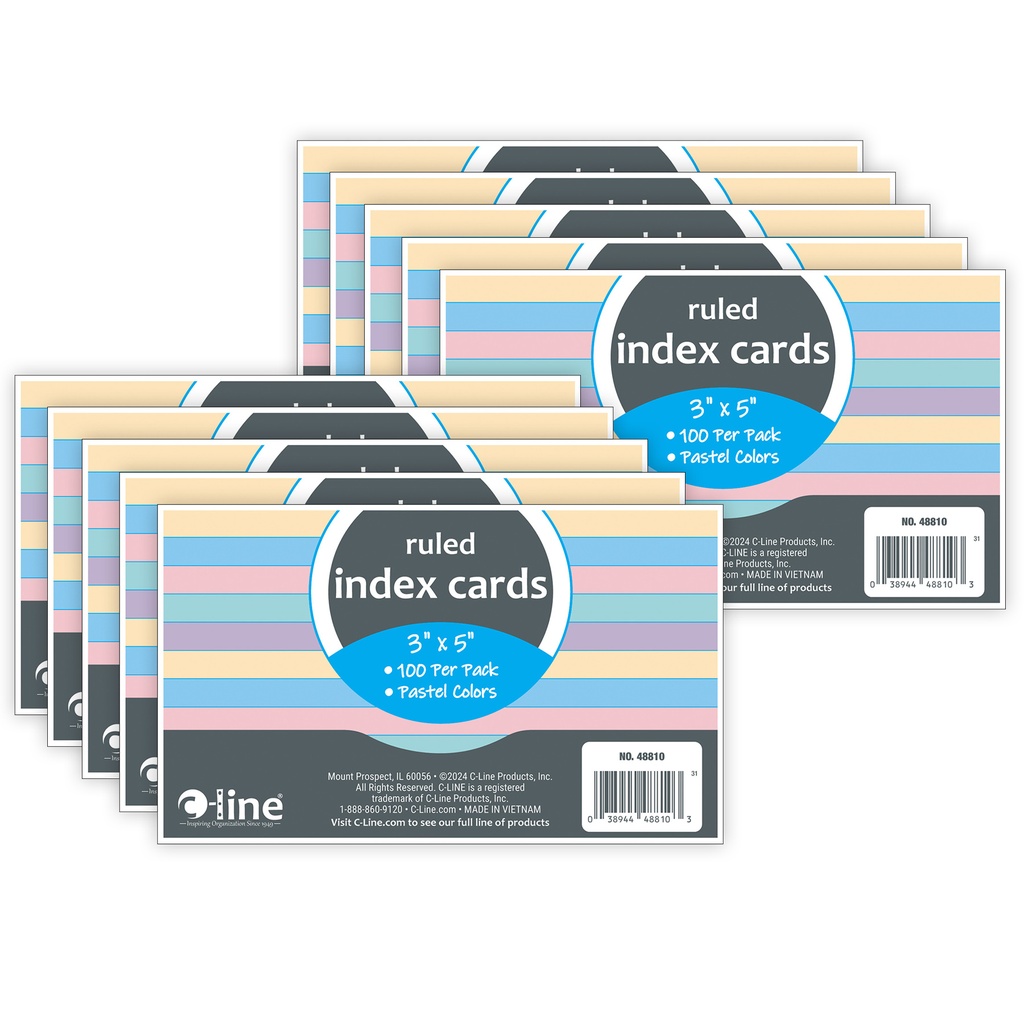 Assorted 3" x 5" Ruled Index Cards 10 Packs of 100