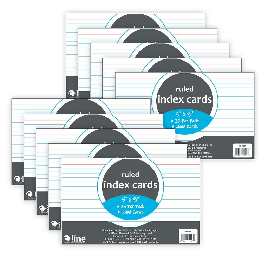 White 5" x 8" Ruled Index Cards 10 Packs of 25