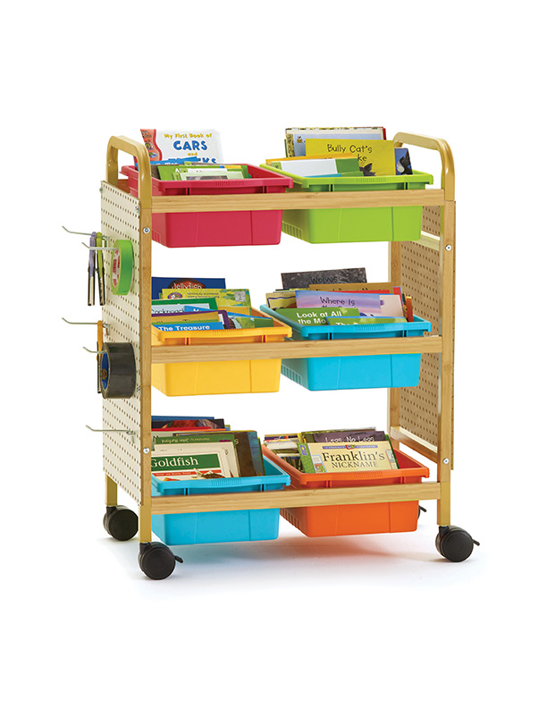 Bamboo Small Book Browser Cart with Vibrant Mixed Tubs & Pegboard Kit