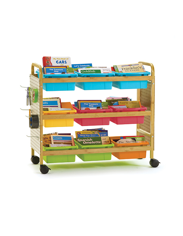 Bamboo Book Browser Cart with Vibrant Mixed Tubs & Pegboard Kit