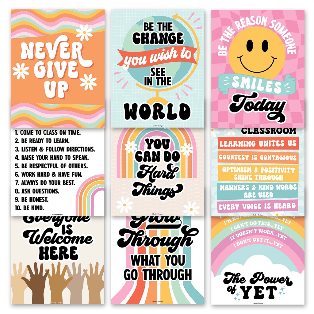 Retro Growth Mindset Classroom Decor Posters, Set of 9