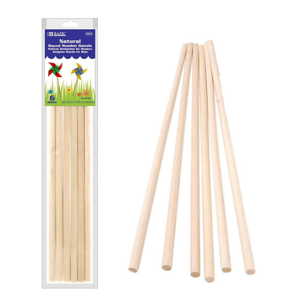 3/8" x 12" Round Natural Wooden Dowels Pack of 6