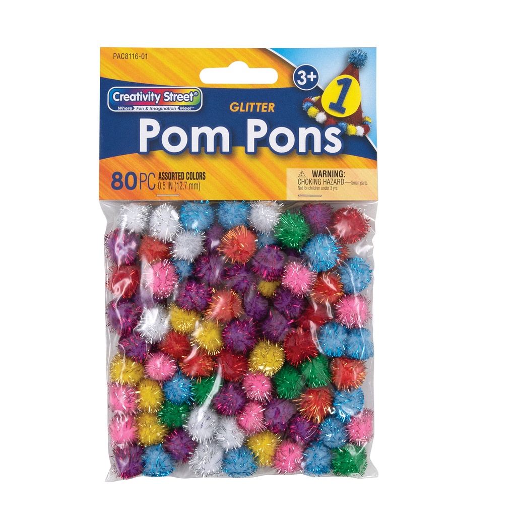 Assorted 1/2" Glitter Pom Pons 80 Pieces