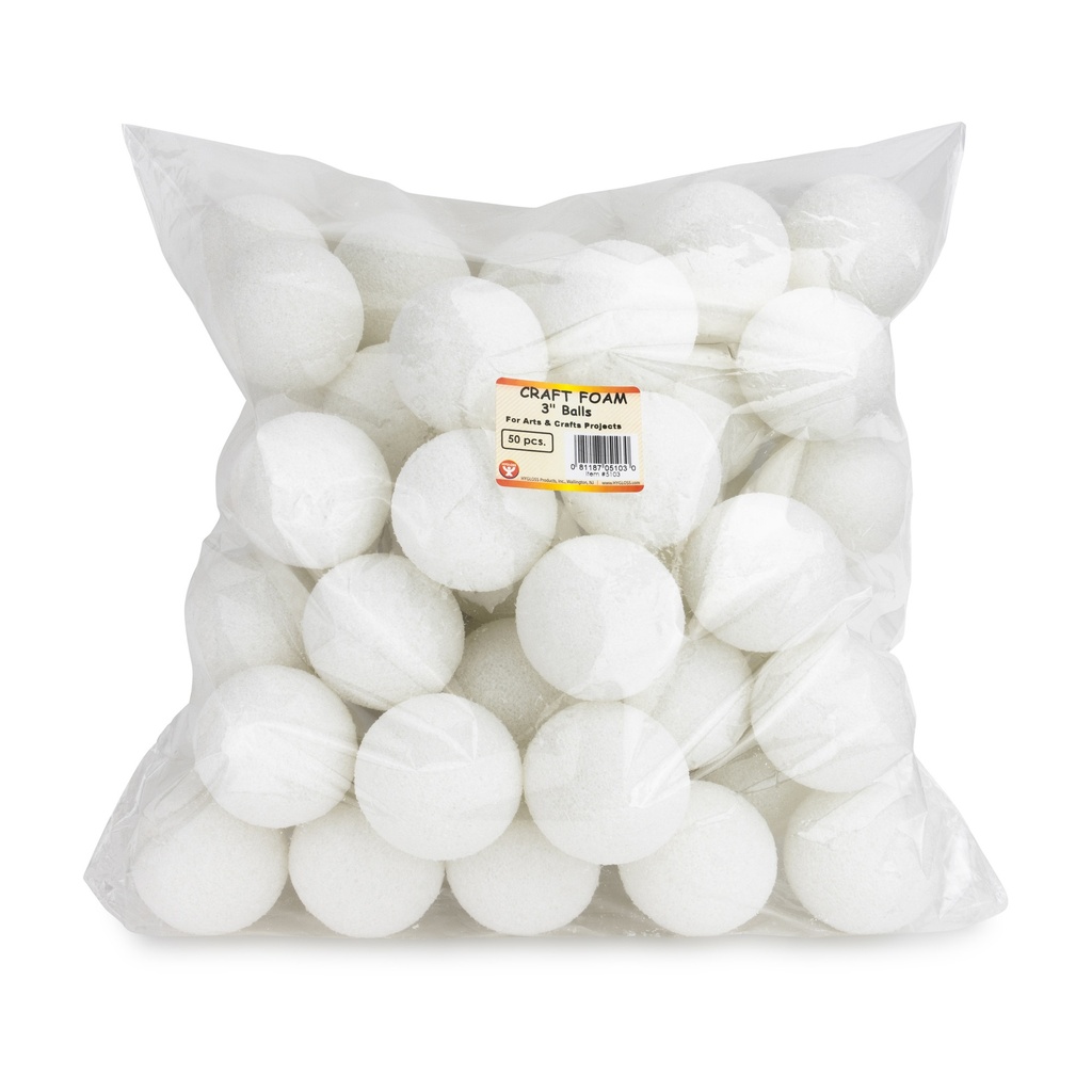 White 3 Inch Craft Foam Balls Pack of 50