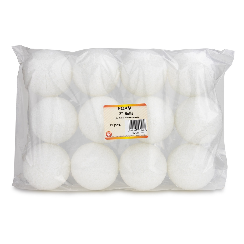 White 3 Inch Craft Foam Balls Pack of 12