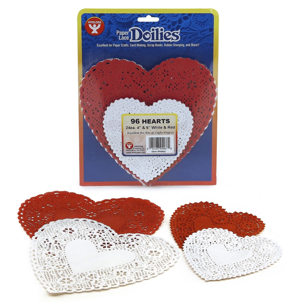 White & Red  4" & 6" Hearts Doilies Pack of 96