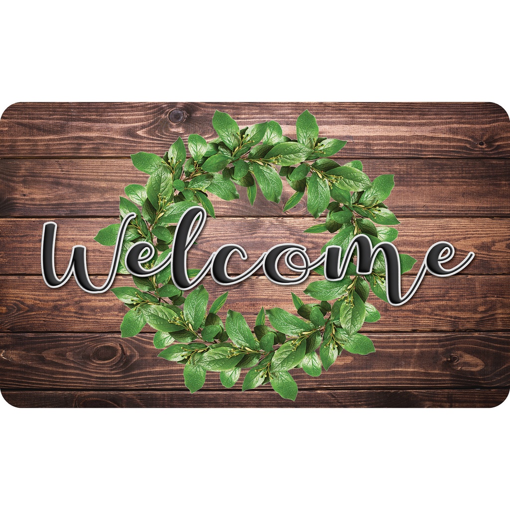 Green Wreath on Wood Welcome Mat 18" x 30"