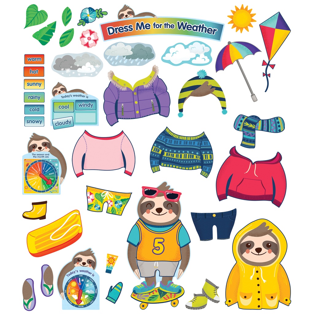 One World Sloth Dress Me for the Weather Bulletin Board Set 54 Pieces