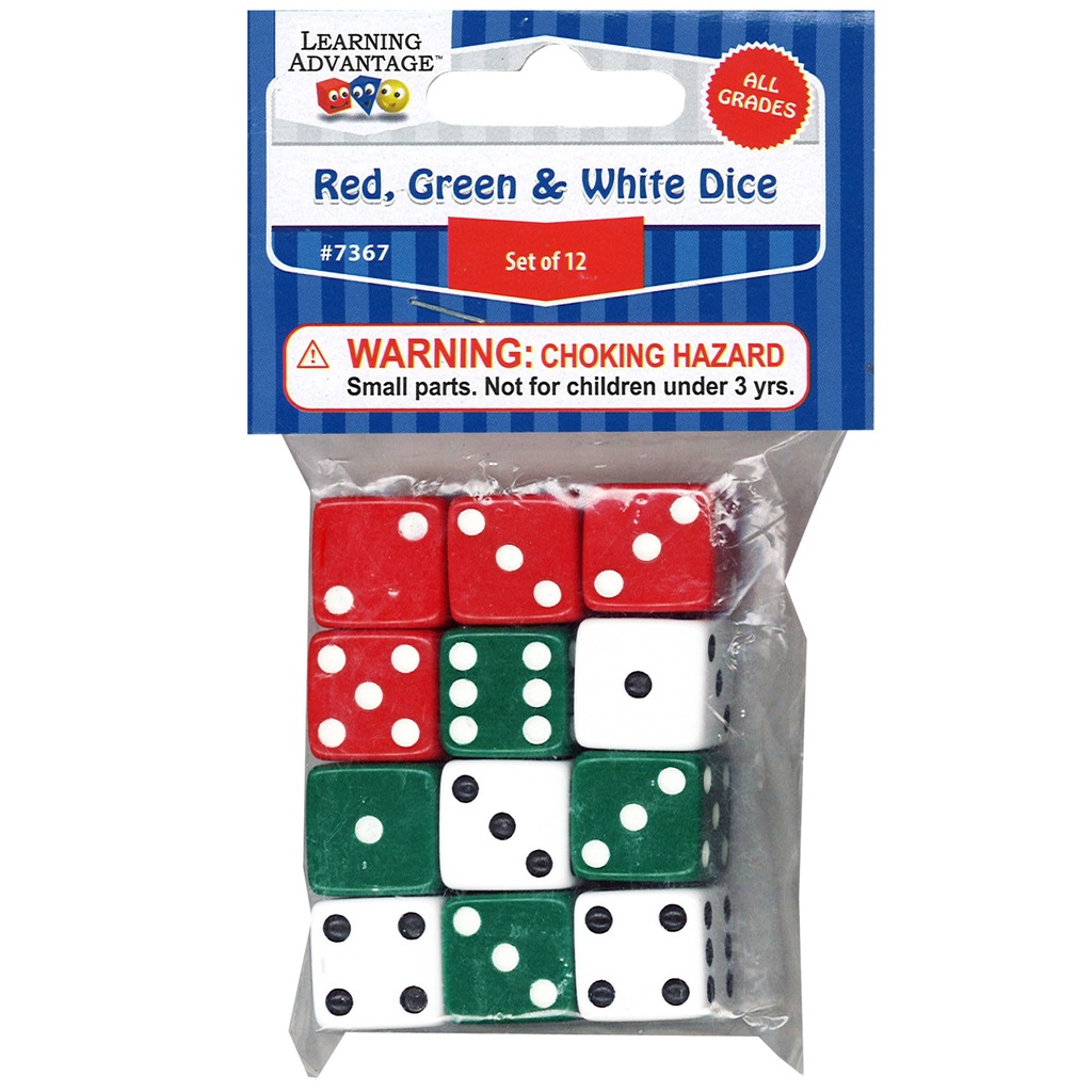 Red/Green/White Dot Dice Set of 12