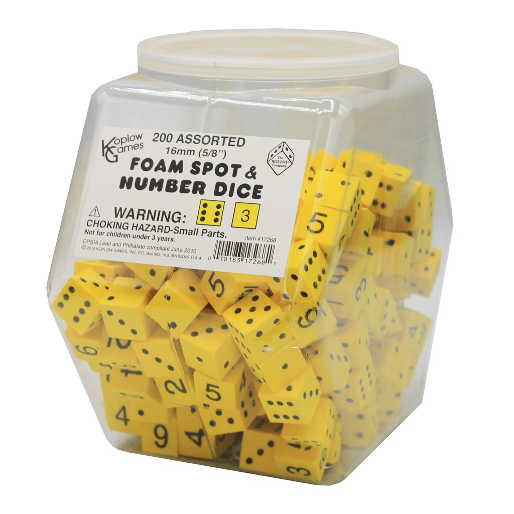 Yellow 16mm Foam Spot & Number Dice Tub of 200