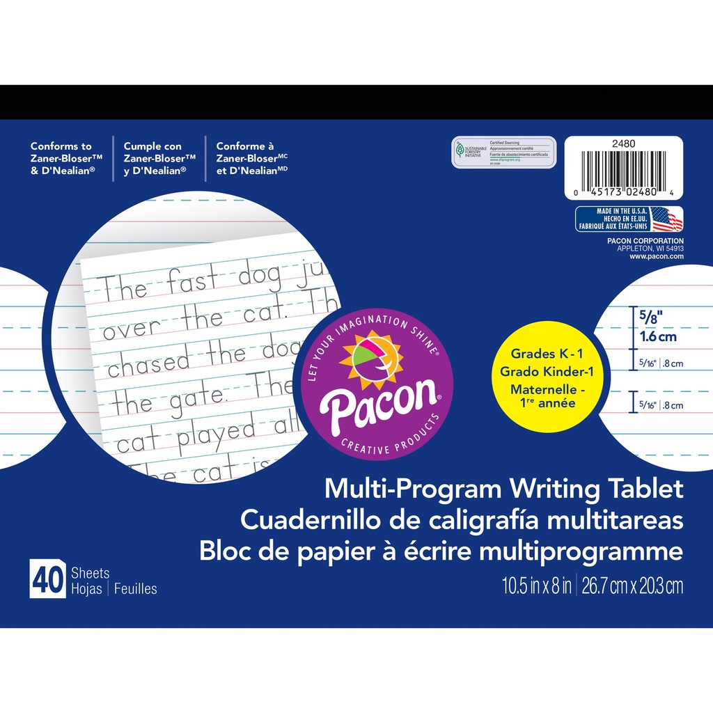 10 1/2" x 8" D'Nealian/Zaner-Bloser Multi-Program 5/8" x 5/16" x 5/16" Ruled Long Handwriting Tablet