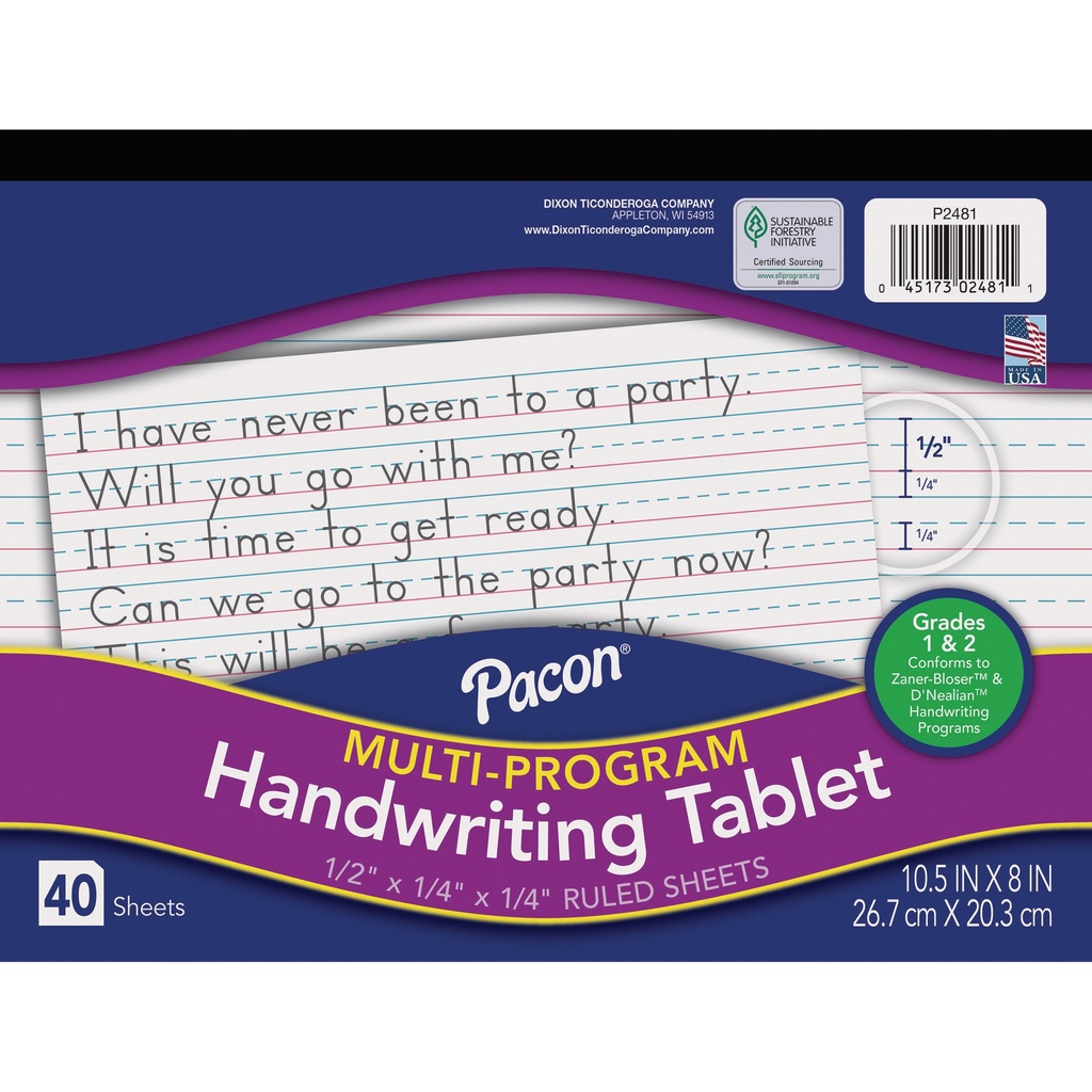 10 1/2" x 8" D'Nealian/Zaner-Bloser Multi-Program 1/2" x 1/4" x 1/4" Ruled Long Handwriting Tablet