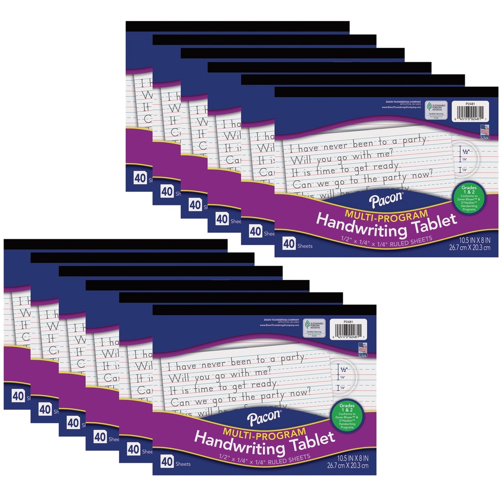 10 1/2" x 8" D'Nealian/Zaner-Bloser Multi-Program 1/2" x 1/4" x 1/4" Ruled Long Handwriting Tablets Pack of 12