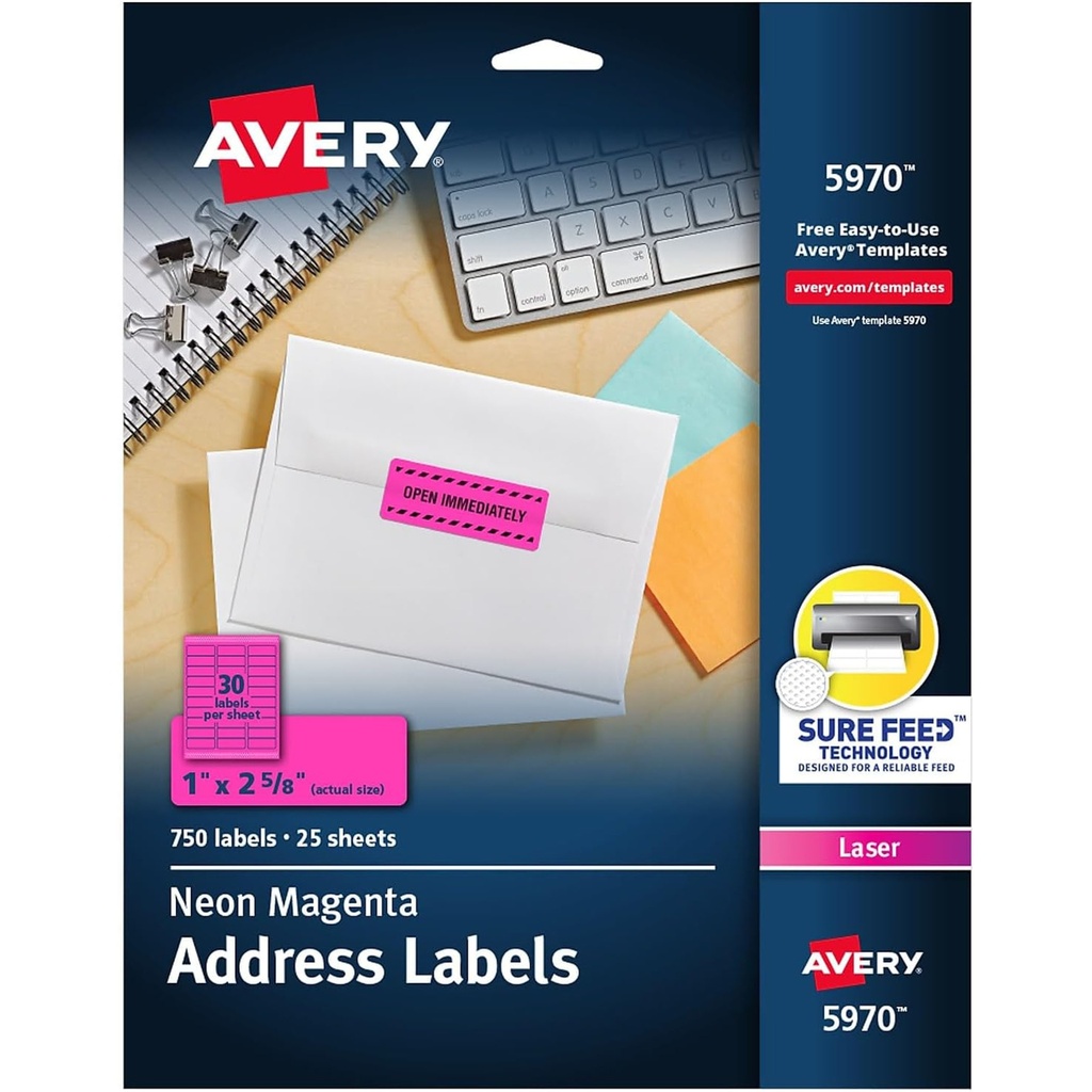 Neon Magenta 1" x 2 5/8" High-Visibility Labels Permanent Adhesive 750 Labels