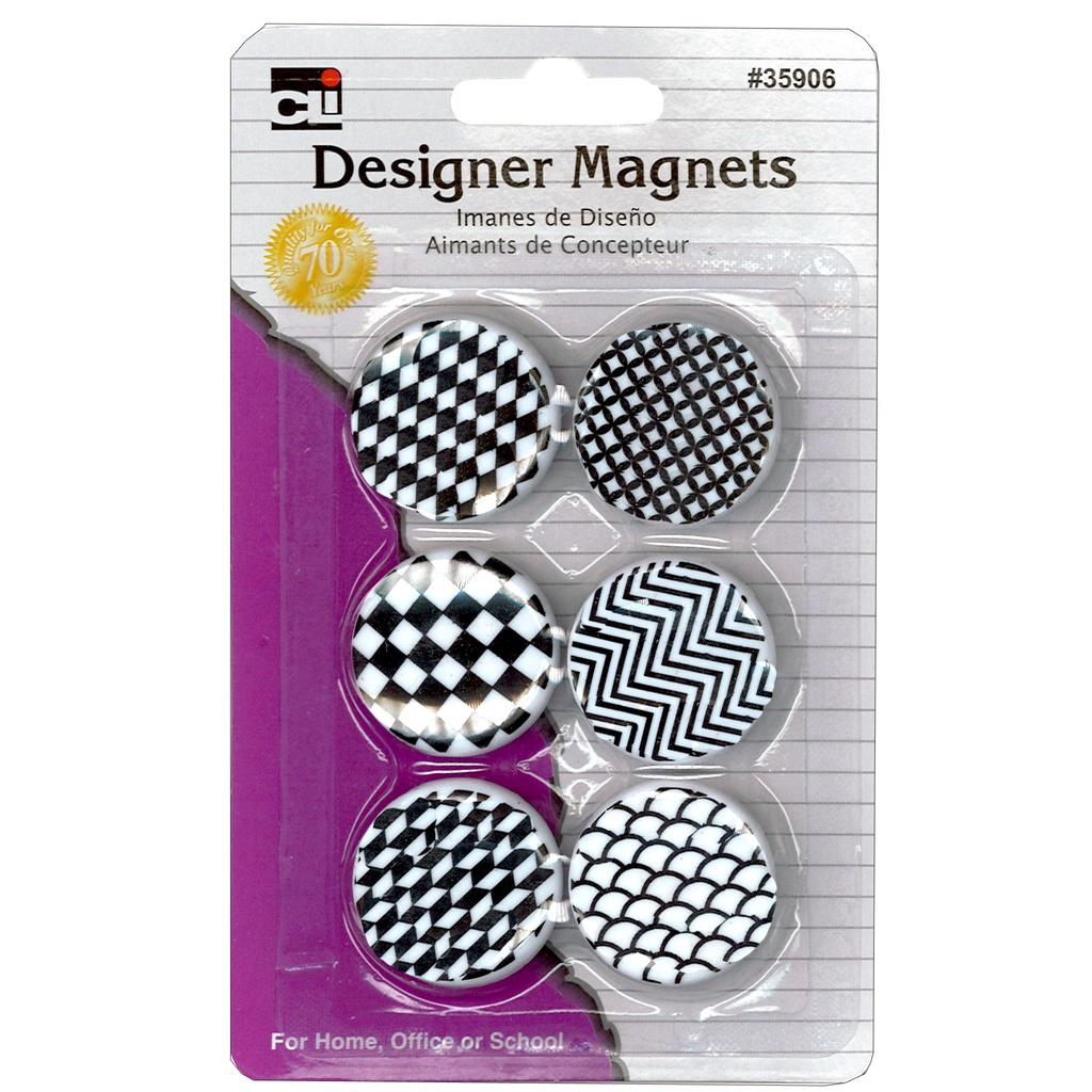 Black/White Assorted Designer Button Style Magnets Pack of 6