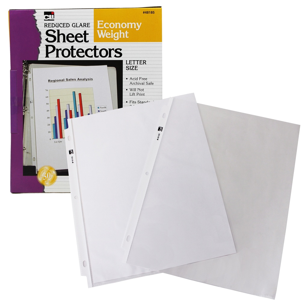 Top Loading Letter Size Non-Glare Clear Sheet Protectors with Binder Holes, 2 Mils Economy Weight Pack of 50